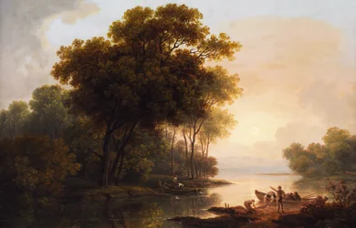 Baumlandschaft mit Blick auf ein Seeufer im diesigen Spätlicht